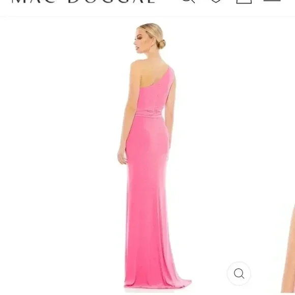 NWT Mac Duggal Jersey One Shoulder Belted Trumpet Gown Candy Pink size 6 - Picture 2 of 10